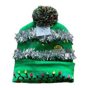 LED Tinsel Blinking Flashing Christmas Lights Pompom Beanie OS Adult Unisex NWT